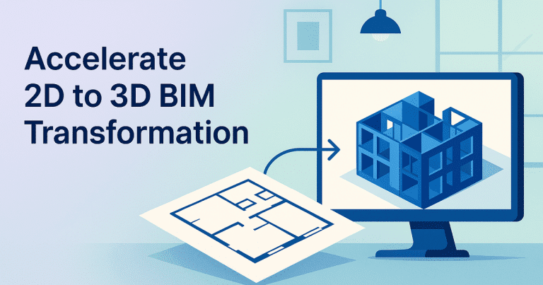 Modern office scene showing 2D CAD drawings transforming into 3D BIM models, highlighting streamlined industrial project workflows.