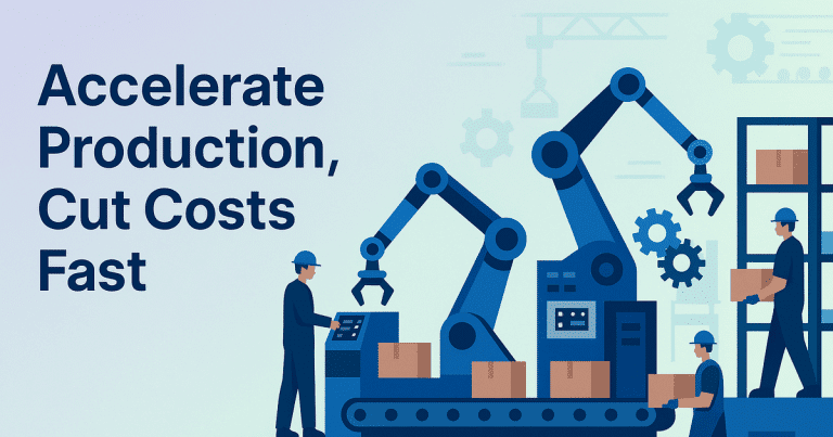 Flat vector of contract manufacturing improving production speed and reducing costs in a modern, pastel-colored facility.