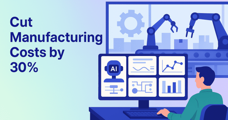 Illustration of AI-automated manufacturing controls streamlining processes for reduced costs in a modern industrial setting.