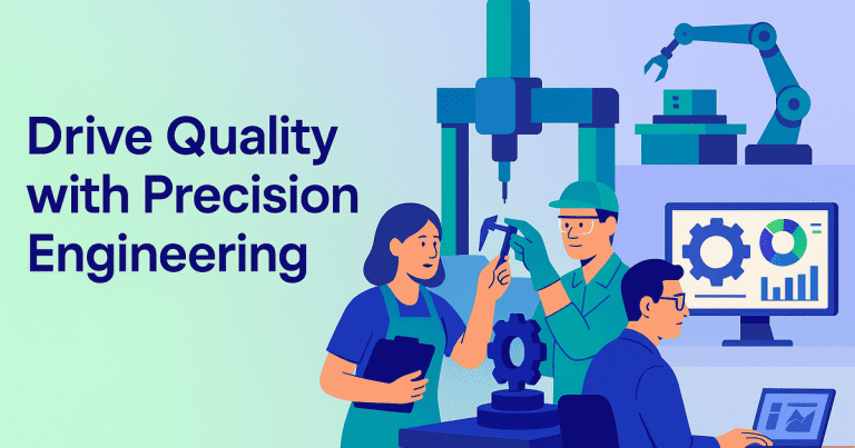 Engineers using metrology tools and digital systems in a factory, highlighting precision, teamwork, and process improvement.
