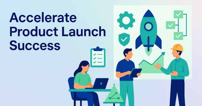 Structured risk management and collaboration improve product launch success in a clean, modern engineering workspace illustration.