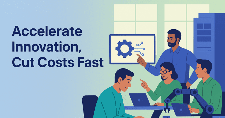 Vector of engineering teams collaborating to speed innovation and lower costs in a modern manufacturing office, with pastel gradients.