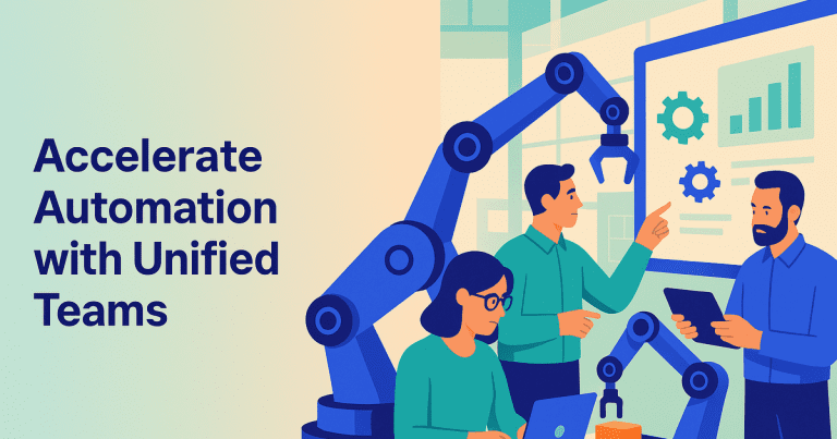 Engineers and robots collaborate using modular, data-driven processes in a modern plant, highlighting unified, resilient automation.