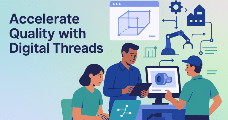 Engineers unite design, production, and data in a smart factory, showcasing digital thread innovation for faster, quality-driven supply chains.
