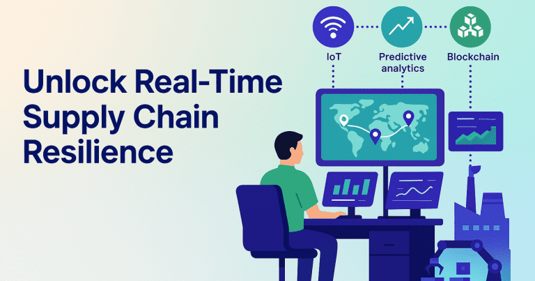 Illustration of supply chain digitalization tools enabling real-time visibility and resilience in a modern manufacturing environment.
