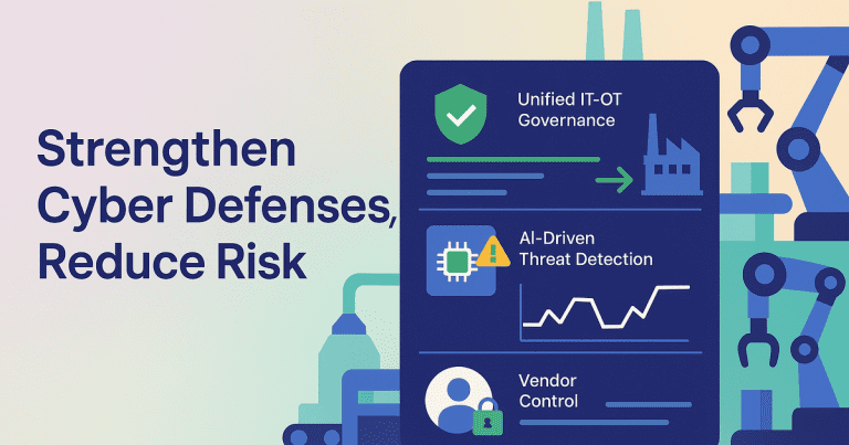 Modern factory control room illustrating cybersecurity operations with unified IT-OT systems, AI detection, and vendor controls.