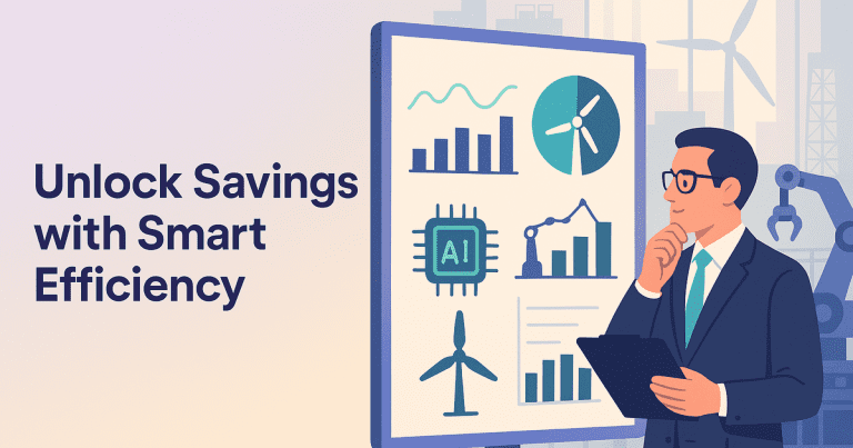 Manufacturing leader analyzing efficiency gains from AI, automation, and renewables in a clean, modern consulting environment.