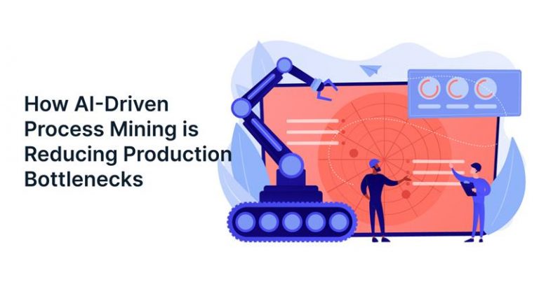AI process mining dashboard showing production bottleneck analysis and manufacturing process optimization